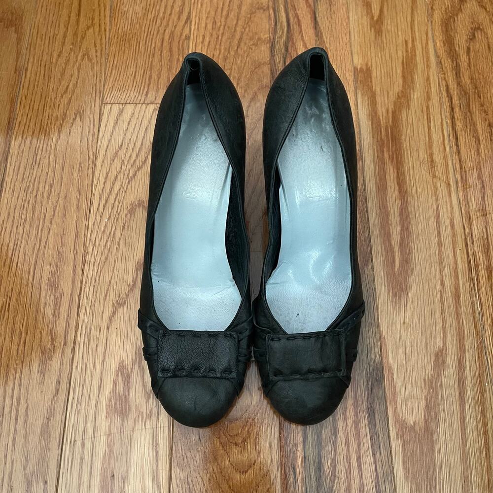 Cynthia Rowley Black Leather Pumps 10 Stitched Block Bow Round Toe Office Heels